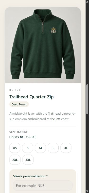 Mobile sample order form showing a quarter-zip, size choices, and a personalization field