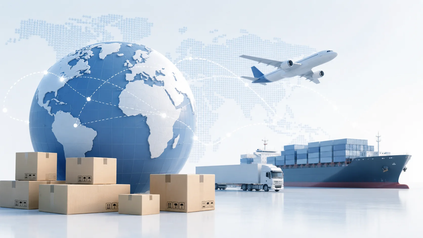 International parcel, air, truck, and ocean shipping routes