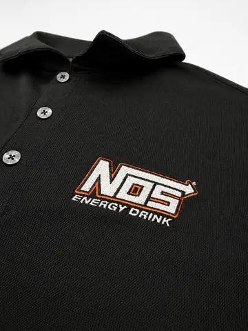 Black performance polo with a clean embroidered chest mark