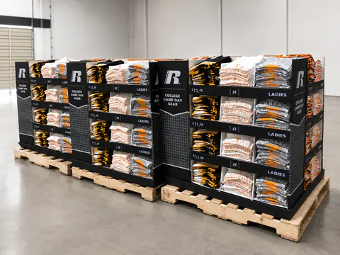Pallets of retail apparel display packs prepared for shipment