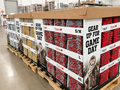 Retail apparel display units packed together on pallets