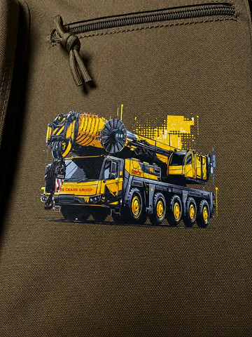 Detailed heat-applied crane graphic on a finished bag