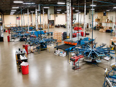 Wide view across the automatic screen-printing production floor