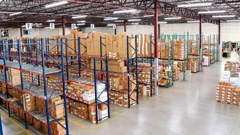 Wide view of stocked pallet racking inside the warehouse